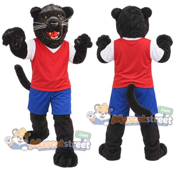 Black Panther Mascot Costume with Red Vest and Blue Shorts