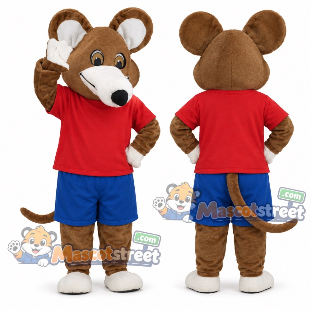 Brown Mouse Mascot Costume with Red Shirt and Blue Shorts