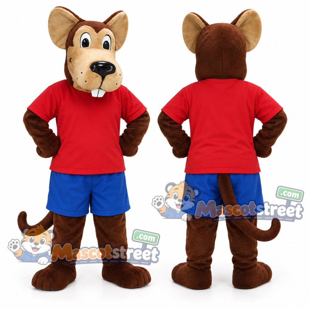 Brown Mouse Mascot Costume with Red Shirt and Blue Shorts Brown Mouse Mascot Costume with Red Shirt and Blue Shorts