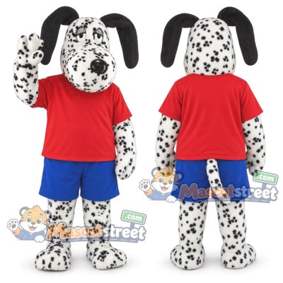 Dalmatian Dog Mascot Costume with Red Shirt and Blue Shorts