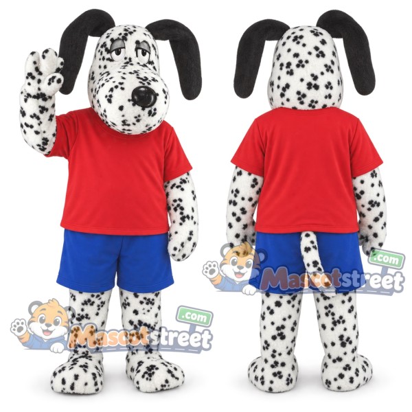 Dalmatian Dog Mascot Costume with Red Shirt and Blue Shorts