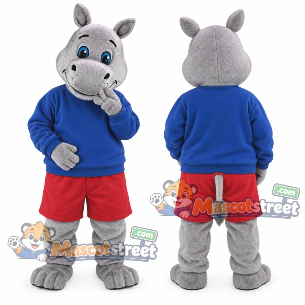 Gray Hippopotamus Mascot Costume with Blue Shirt and Red Shorts