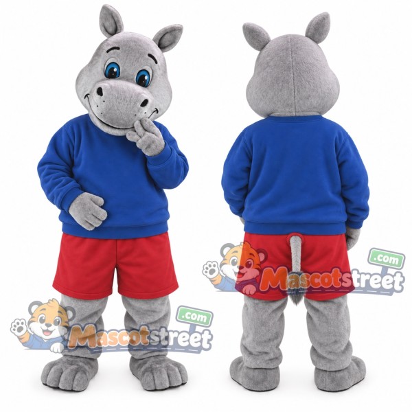 Gray Hippopotamus Mascot Costume with Blue Shirt and Red Shorts