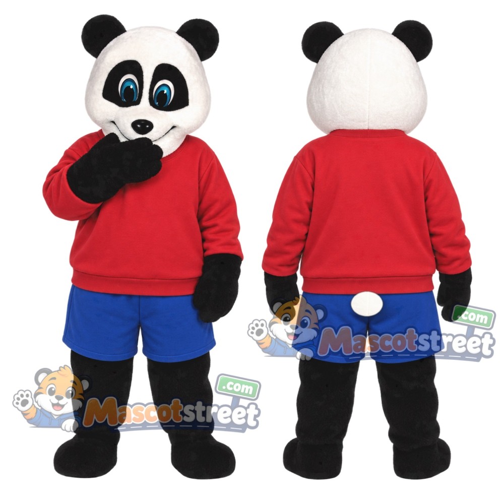 Panda Mascot Costume with Red Shirt and Blue Shorts
