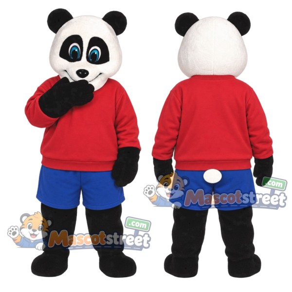 Panda Mascot Costume with Red Shirt and Blue Shorts