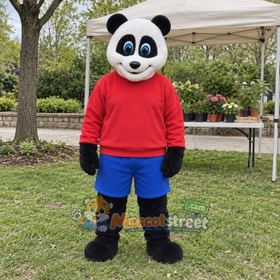 Panda Mascot Costume with Red Shirt and Blue Shorts Panda Mascot Costume with Red Shirt and Blue Shorts