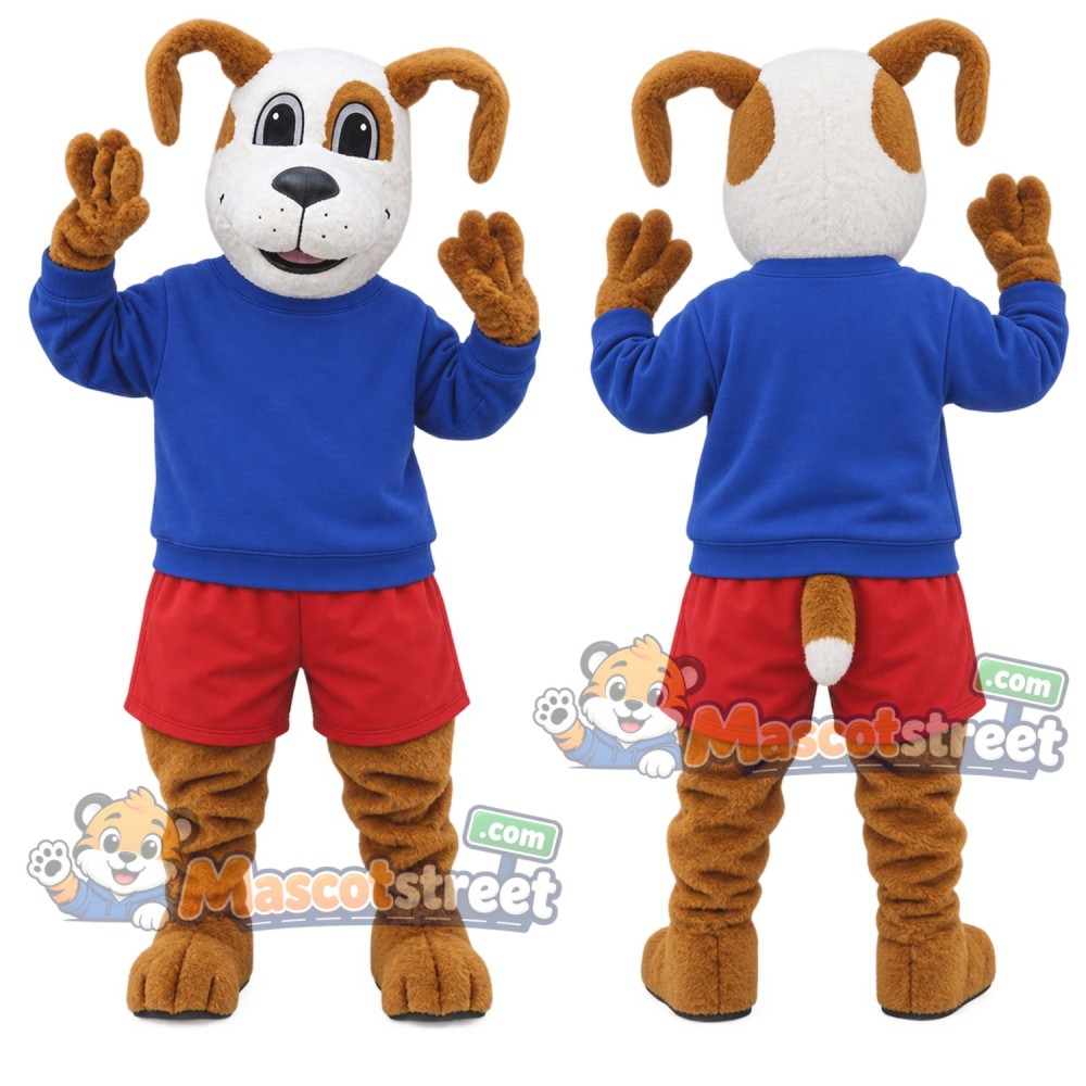 Brown and White Dog Mascot Costume with Blue Shirt and Red Shorts