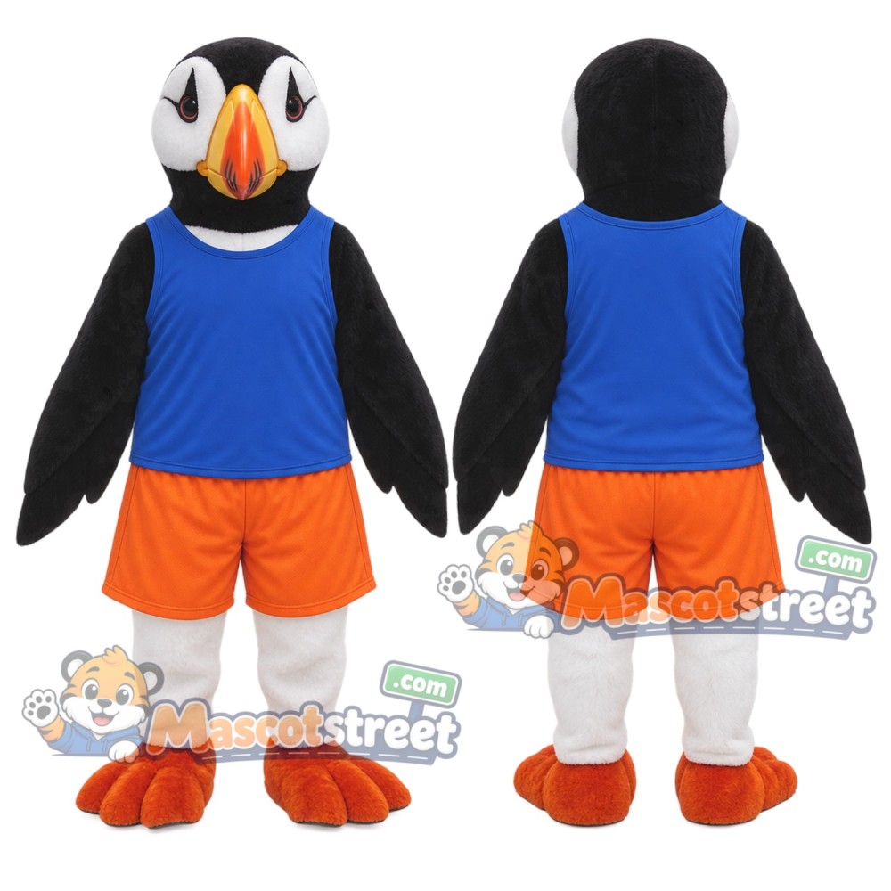 Puffin Mascot Costume with Blue Vest and Orange Shorts