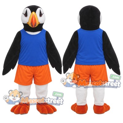 Puffin Mascot Costume with Blue Vest and Orange Shorts