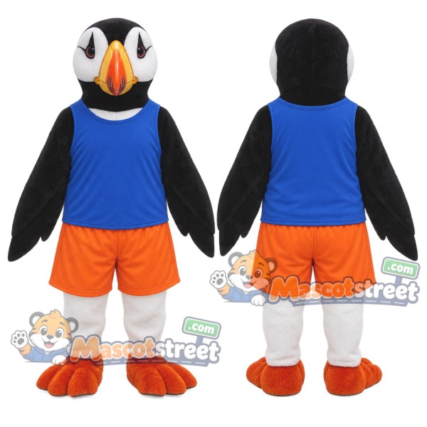Puffin Mascot Costume with Blue Vest and Orange Shorts