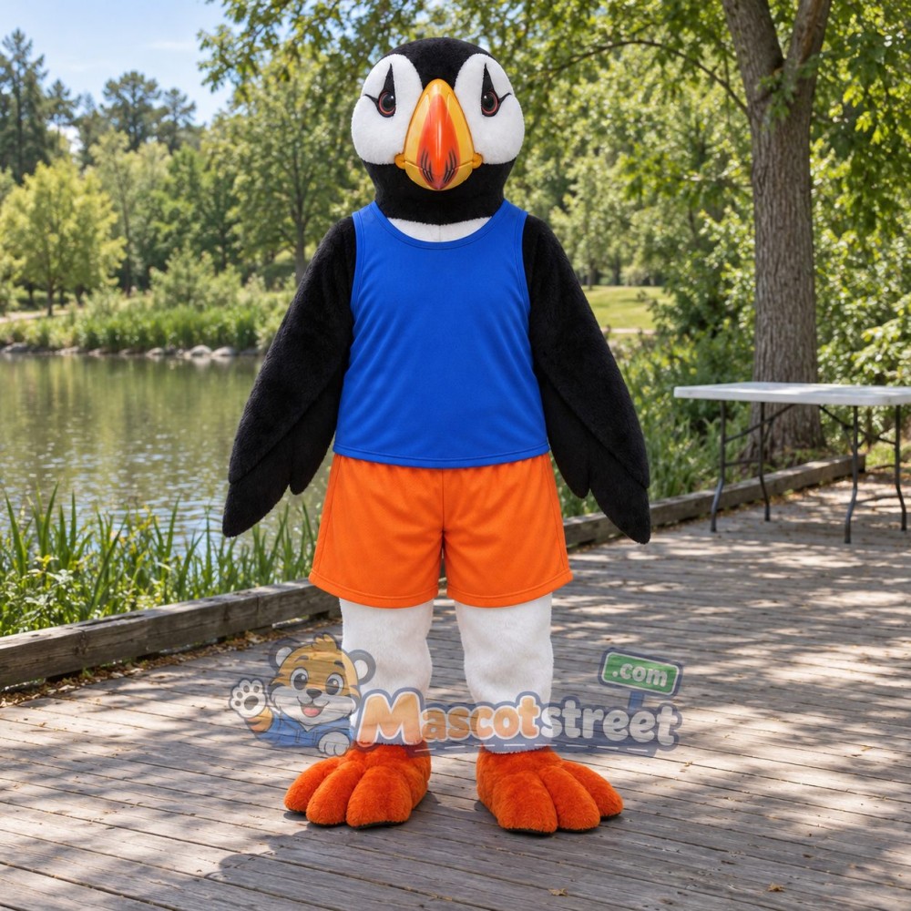 Puffin Mascot Costume with Blue Vest and Orange Shorts Puffin Mascot Costume with Blue Vest and Orange Shorts