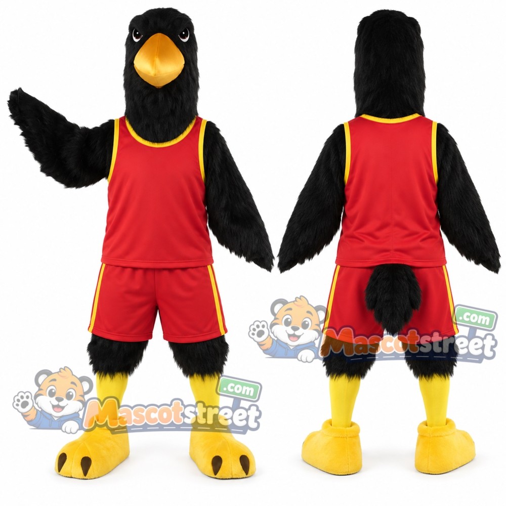 Black Bird Mascot Costume with Red Sports Uniform Black Bird Mascot Costume with Red Sports Uniform