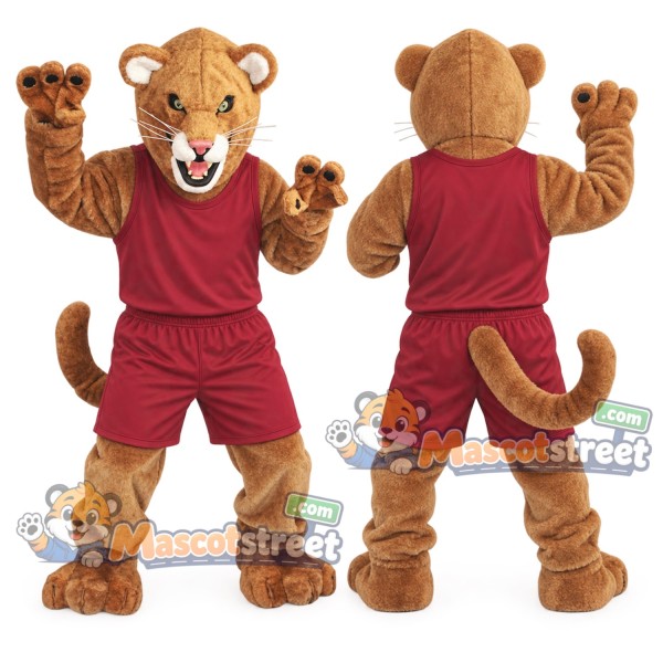 Brown Cougar Mascot Costume with Burgundy Sports Uniform