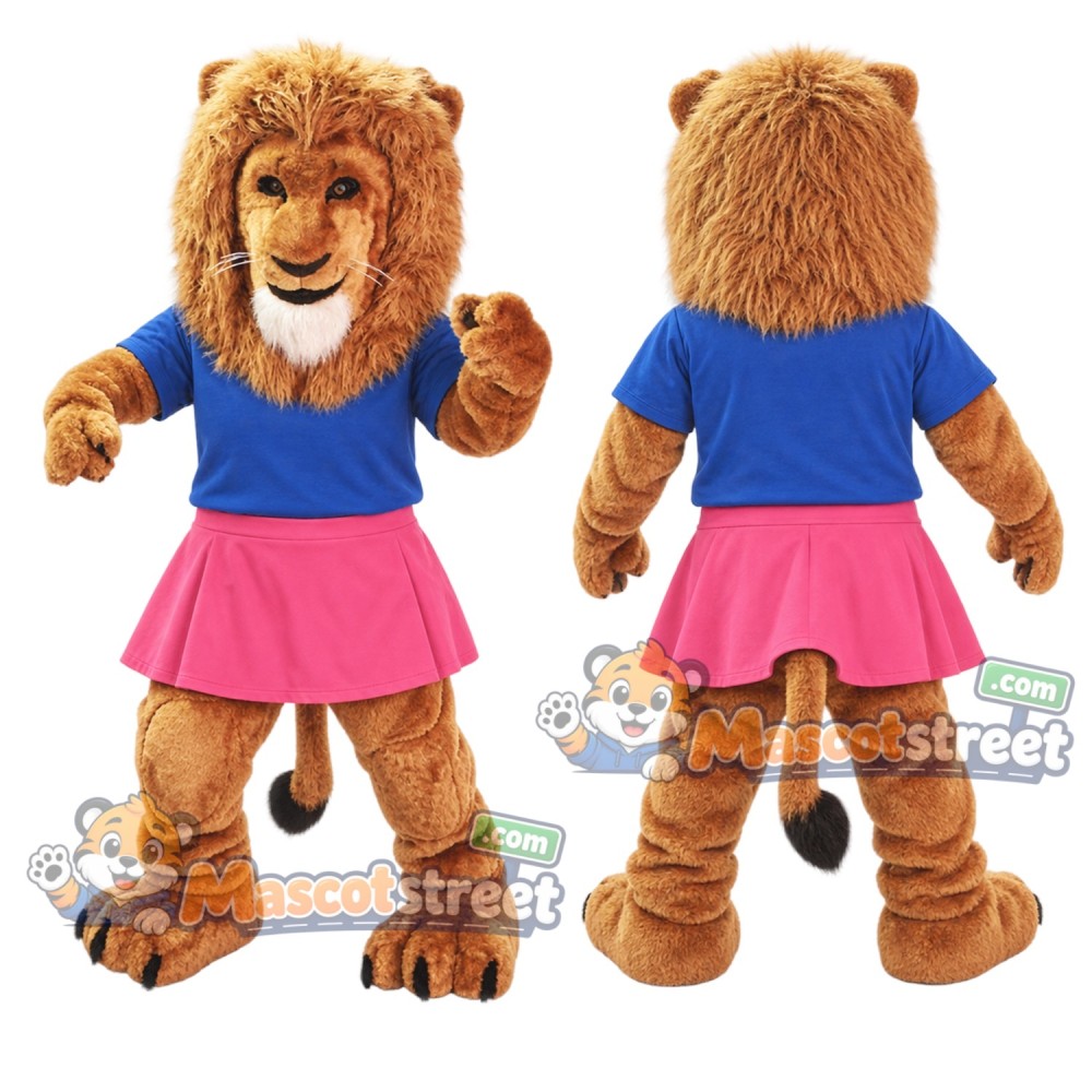 Brown Lion Mascot Costume with Blue Shirt and Pink Skirt