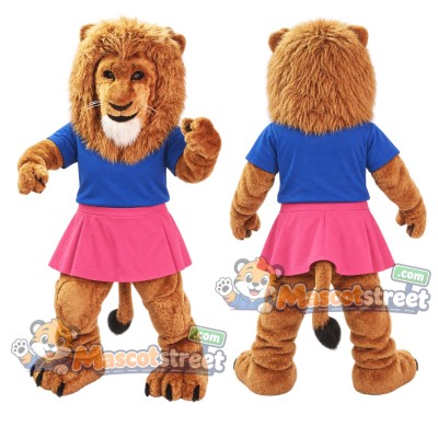 Brown Lion Mascot Costume with Blue Shirt and Pink Skirt