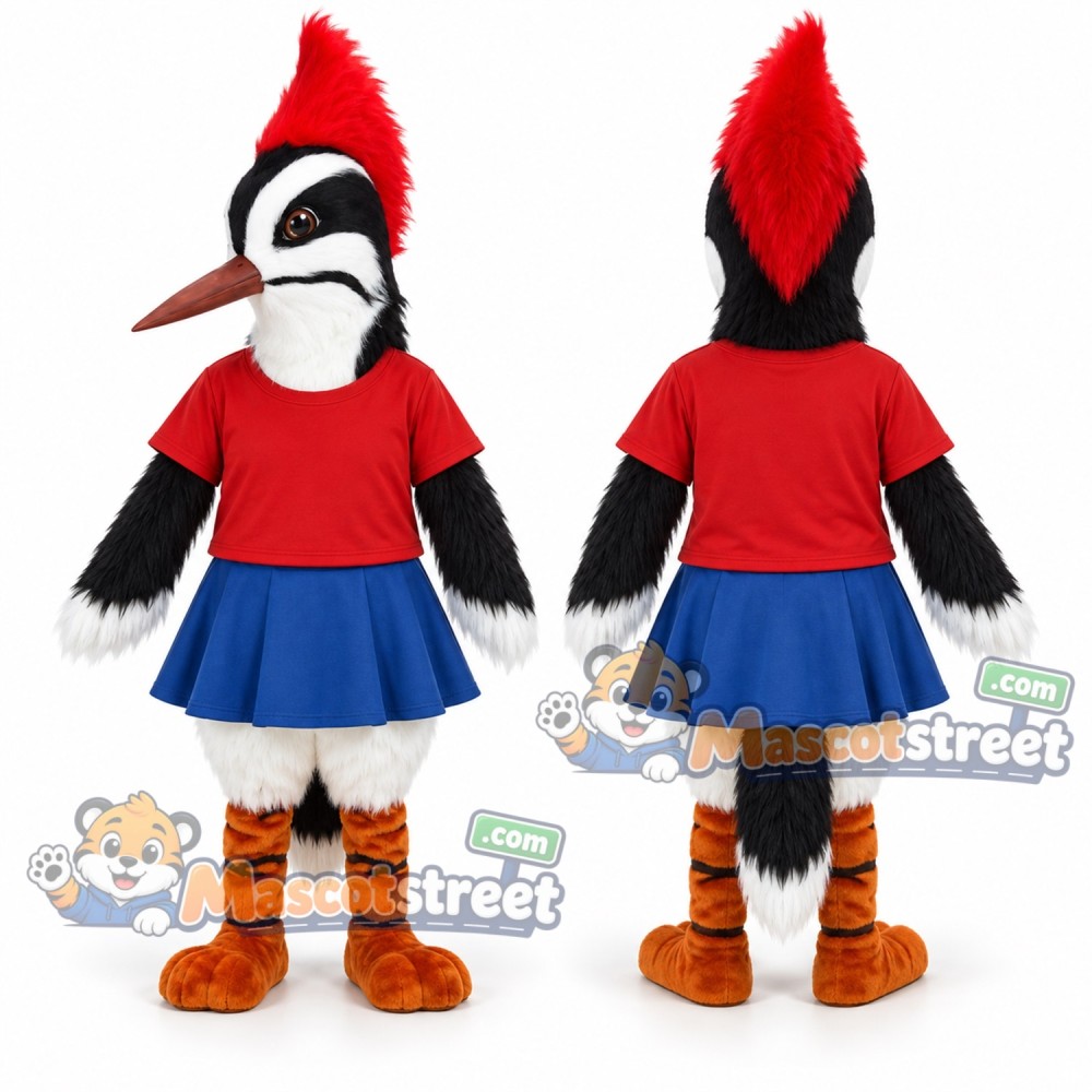 Woodpecker Mascot Costume with Red Shirt and Blue Skirt