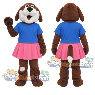 Brown and White Dog Mascot Costume with Blue Shirt and Pink Skirt