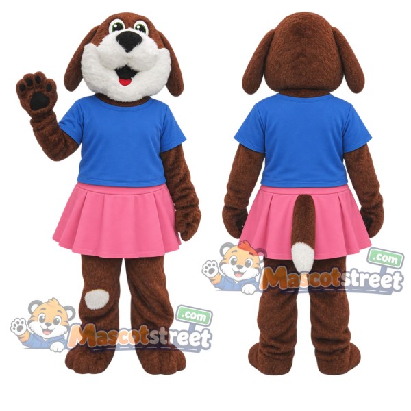 Brown and White Dog Mascot Costume with Blue Shirt and Pink Skirt