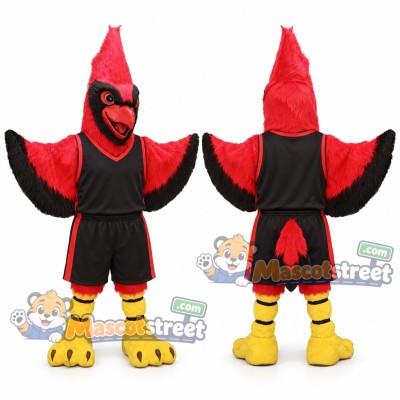 Red Cardinal Mascot Costume with Black Sports Uniform Red Cardinal Mascot Costume with Black Sports Uniform