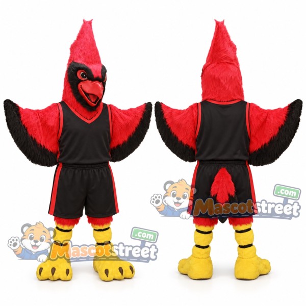 Red Cardinal Mascot Costume with Black Sports Uniform
