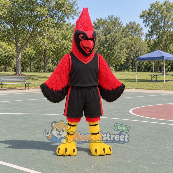 Red Cardinal Mascot Costume with Black Sports Uniform