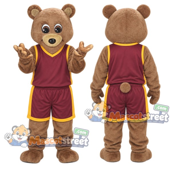Brown Bear Mascot Costume with Burgundy Sports Uniform