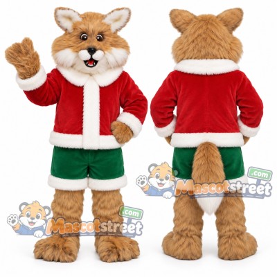Tan Fox Mascot Costume with Santa Jacket and Green Shorts Tan Fox Mascot Costume with Santa Jacket and Green Shorts