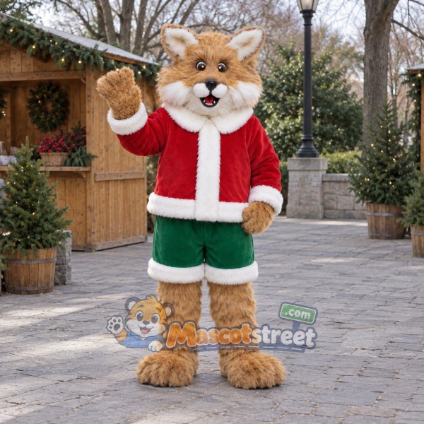 Tan Fox Mascot Costume with Santa Jacket and Green Shorts