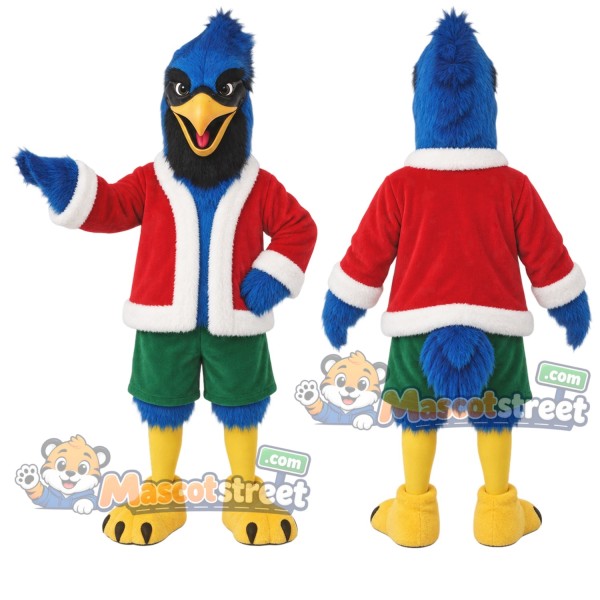 Blue Bird Mascot Costume with Santa Jacket and Green Shorts
