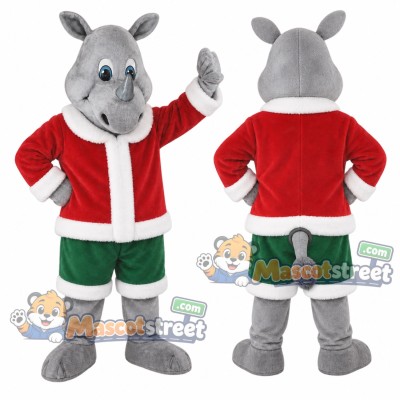 Gray Rhinoceros Mascot Costume with Santa Jacket and Green Shorts