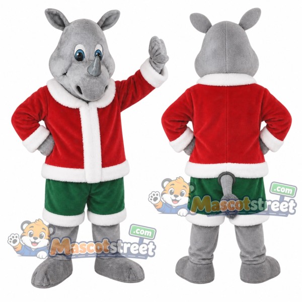 Gray Rhinoceros Mascot Costume with Santa Jacket and Green Shorts