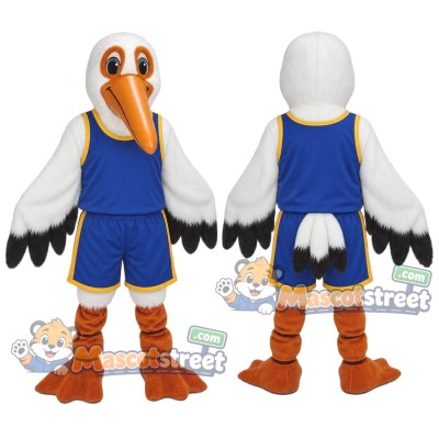 White Pelican Mascot Costume with Blue Sports Uniform White Pelican Mascot Costume with Blue Sports Uniform