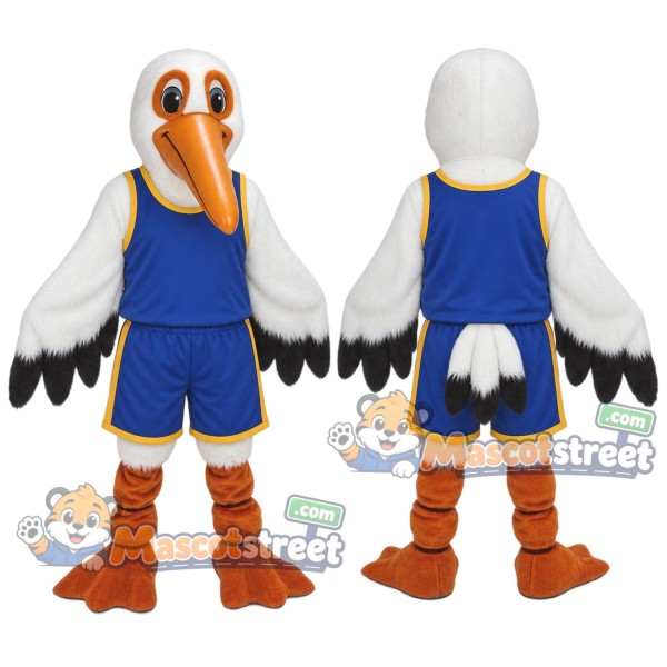 White Pelican Mascot Costume with Blue Sports Uniform