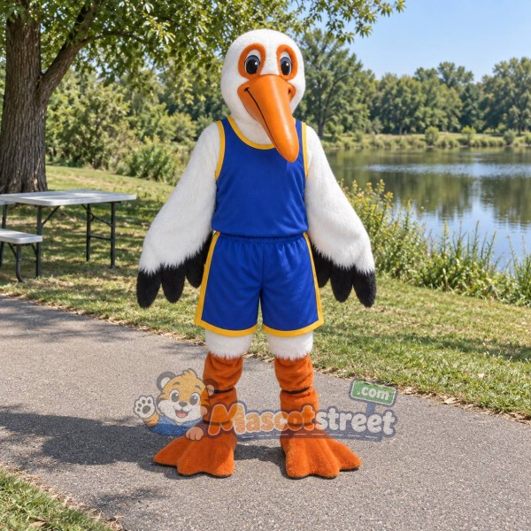 White Pelican Mascot Costume with Blue Sports Uniform
