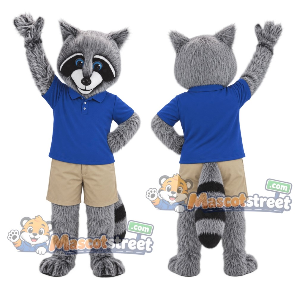 Gray Raccoon Mascot Costume with Blue Shirt and Tan Shorts