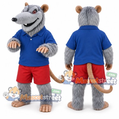Gray Rat Mascot Costume with Blue Shirt and Red Shorts Gray Rat Mascot Costume with Blue Shirt and Red Shorts