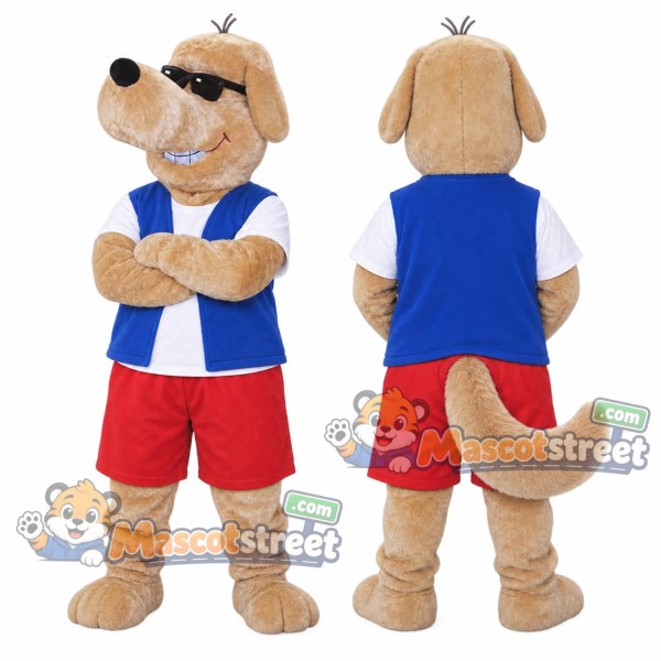 Tan Dog Mascot Costume with Blue Vest, Red Shorts and Sunglasses