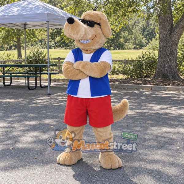 Tan Dog Mascot Costume with Blue Vest, Red Shorts and Sunglasses
