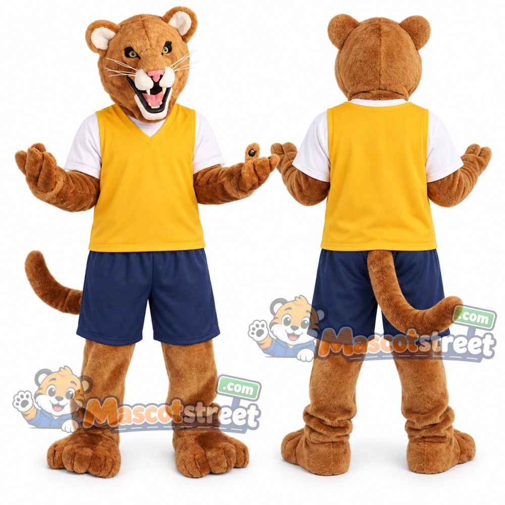 Brown Cougar Mascot Costume with Yellow Vest and Navy Shorts Brown Cougar Mascot Costume with Yellow Vest and Navy Shorts