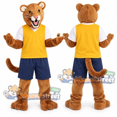 Brown Cougar Mascot Costume with Yellow Vest and Navy Shorts Brown Cougar Mascot Costume with Yellow Vest and Navy Shorts
