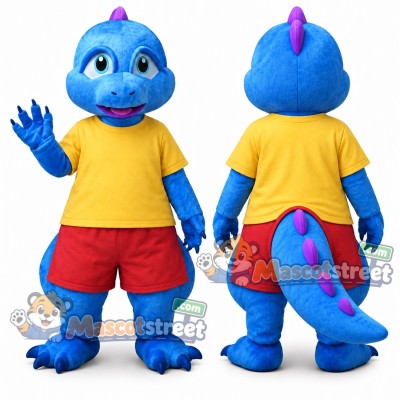 Blue Dragon Mascot Costume with Yellow Shirt and Red Shorts Blue Dragon Mascot Costume with Yellow Shirt and Red Shorts
