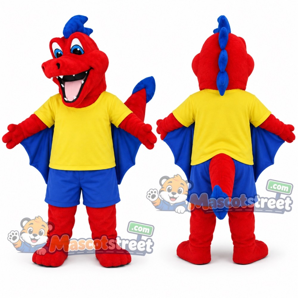 Red Dragon Mascot Costume with Yellow Shirt and Blue Shorts