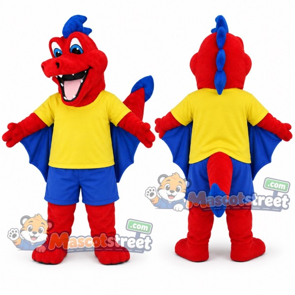 Red Dragon Mascot Costume with Yellow Shirt and Blue Shorts