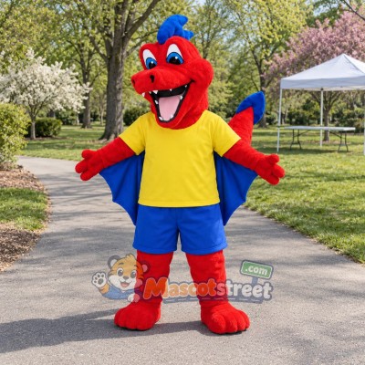 Red Dragon Mascot Costume with Yellow Shirt and Blue Shorts Red Dragon Mascot Costume with Yellow Shirt and Blue Shorts