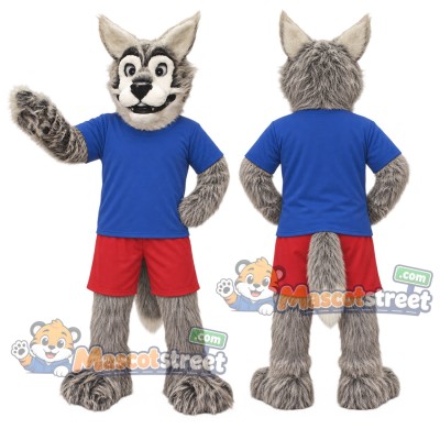 Gray Wolf Mascot Costume with Blue Shirt and Red Shorts Gray Wolf Mascot Costume with Blue Shirt and Red Shorts