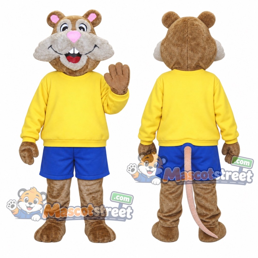 Brown Mouse Mascot Costume with Yellow Shirt and Blue Shorts