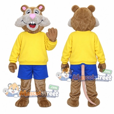 Brown Mouse Mascot Costume with Yellow Shirt and Blue Shorts