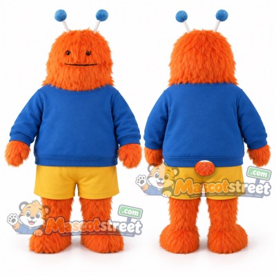 Orange Monster Mascot Costume with Blue Shirt and Yellow Shorts