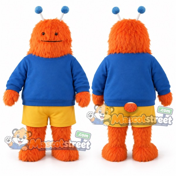 Orange Monster Mascot Costume with Blue Shirt and Yellow Shorts