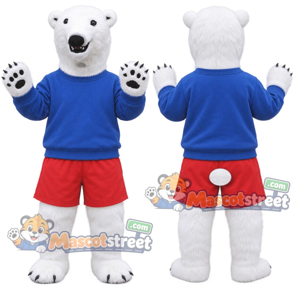 White Polar Bear Mascot Costume with Blue Shirt and Red Shorts